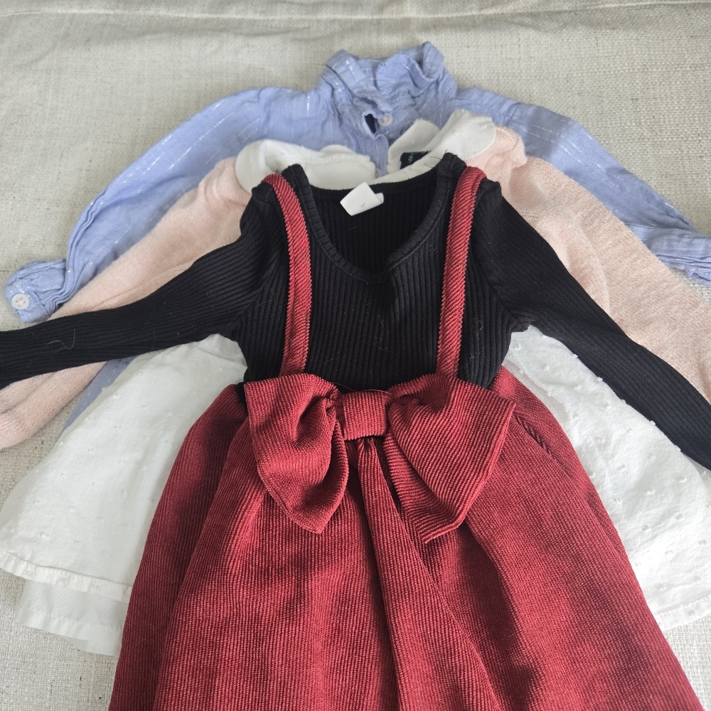 Baby Bundle - Black Ribbed Top with Red Corduroy Pinafore Dress - Bow Detail